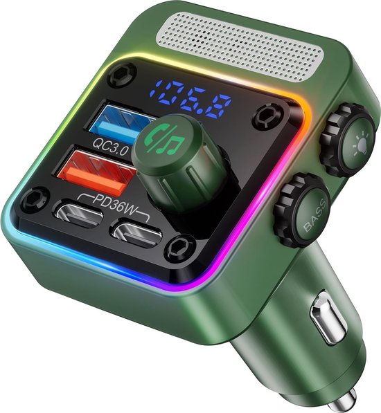 FM Transmitter Bluetooth - Bluetooth 5.3 autoadapter met 4 oplaadpoorten - Draadloze radio FM-zender met diepe basspeler en 5 kleuren LED-achtergrondverlichting - Handsfree bellen - 54W [PD 36W en QC3.0 18W] - Carkit - Autolader