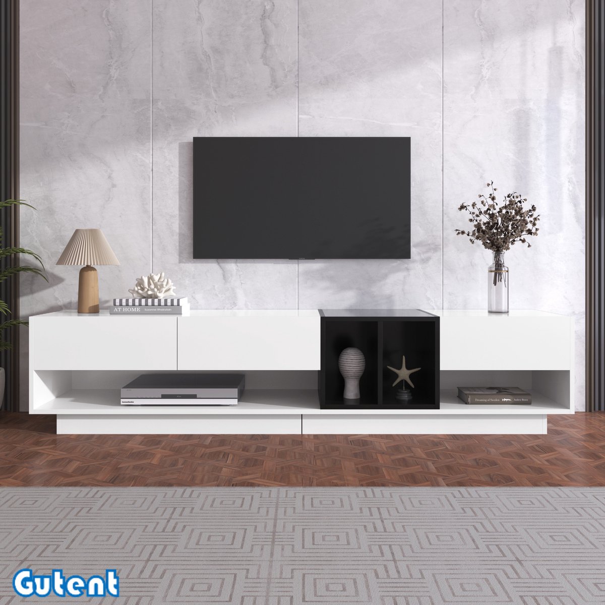 Gutent TV-kast - Hoogglans Combinatie - Meerdere Opbergruimtes - Wit en Zwart - Colour Clash Design
