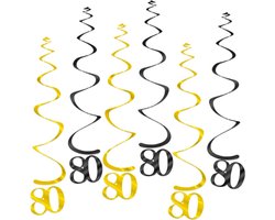 Q2Party - 80 Jaar Swirl - Slinger - Leeftijd - Versiering - Verjaardag - decoratie - Feest - Hangdecoratie - Goud/Zwart – 6 stuks
