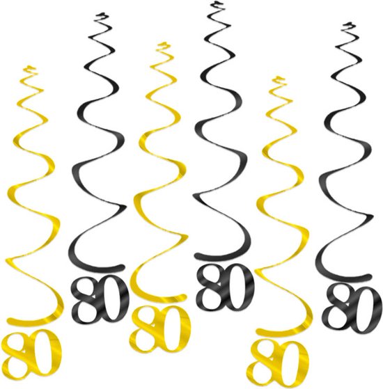 Q2Party - 80 Jaar Swirl - Slinger - Leeftijd - Versiering - Verjaardag - decoratie - Feest - Hangdecoratie - Goud/Zwart – 6 stuks