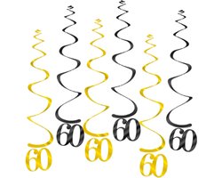 Q2Party - 60 Jaar Swirl - Slinger - Leeftijd - Versiering - Verjaardag - decoratie - Feest - Hangdecoratie - Goud/Zwart – 6 stuks