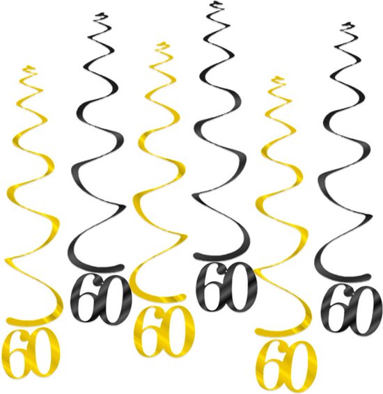 Q2Party - 60 Jaar Swirl - Slinger - Leeftijd - Versiering - Verjaardag - decoratie - Feest - Hangdecoratie - Goud/Zwart – 6 stuks