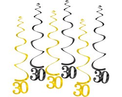 Q2Party - 30 Jaar Swirl - Slinger - Leeftijd - Versiering - Verjaardag - decoratie - Feest - Hangdecoratie - Goud/Zwart – 6 stuks