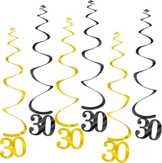 Q2Party - 30 Jaar Swirl - Slinger - Leeftijd - Versiering - Verjaardag - decoratie - Feest - Hangdecoratie - Goud/Zwart – 6 stuks