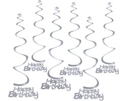 Q2Party - Happy Birthday Swirl - Zilver - Slinger - Versiering - Verjaardag - decoratie - Feest - Hangdecoratie – 6 stuks