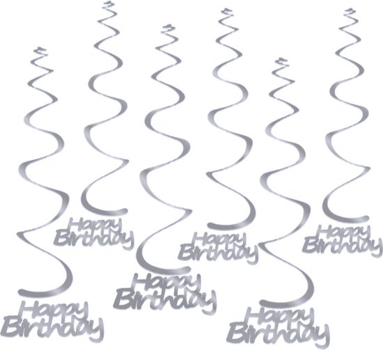 Q2Party - Happy Birthday Swirl - Zilver - Slinger - Versiering - Verjaardag - decoratie - Feest - Hangdecoratie – 6 stuks