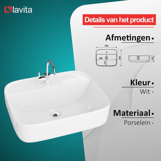 LAVITA® Lavabo à poser KARAWELA Lavabo rectangulaire en céramique pour salle de bain et WC invités - 500x400x145 mm - Wit brillant - Lavabo à bord fin - Lavabo en céramique à poser avec trou pour robinetterie et sans trop-plein