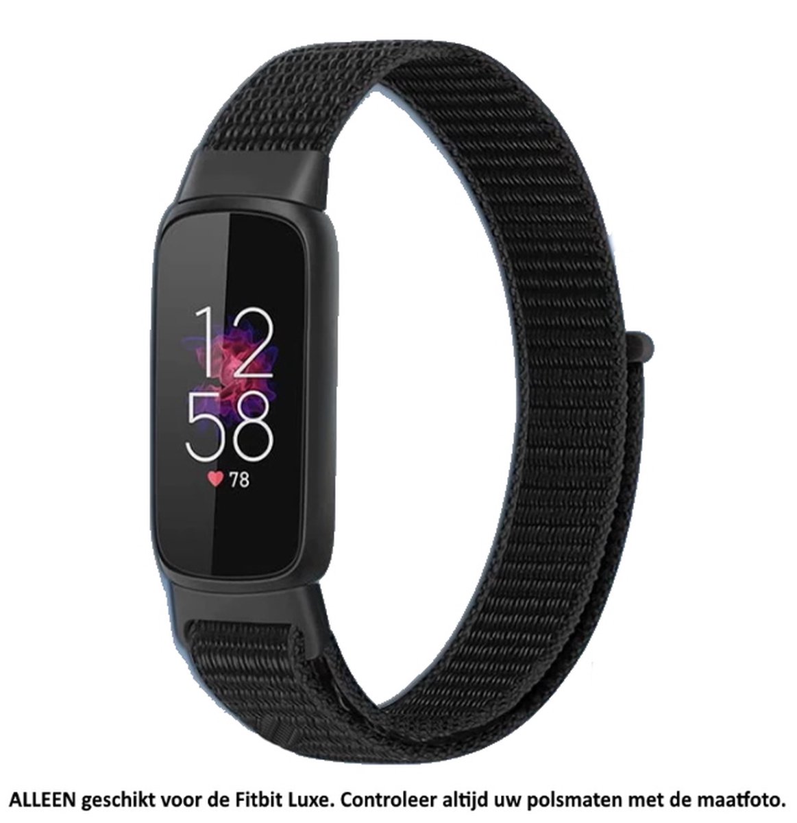 Nylon Horlogebandje Zwart geschikt voor Fitbit Luxe - Klittenband Sluiting - Geweven Armband - Maat: zie maatfoto - Black