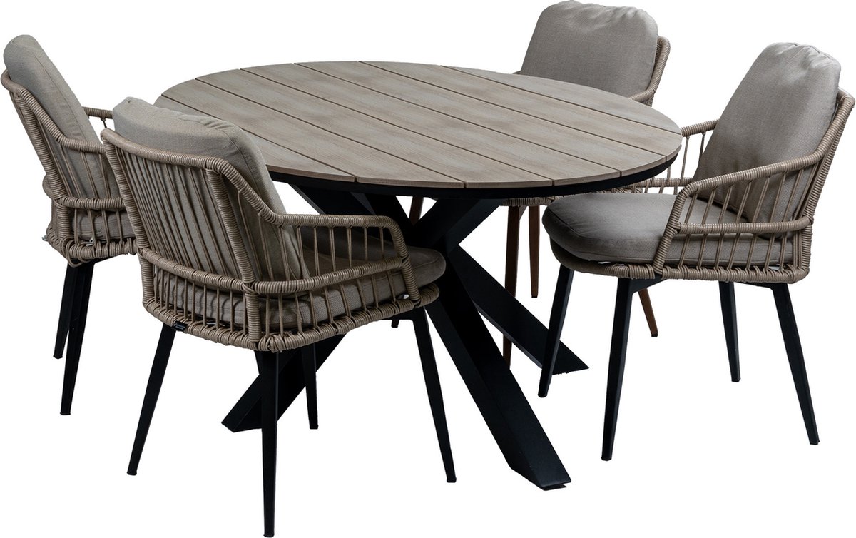 5-delige tuinset met 4 Isabel stoelen in zandkleur en 180cm ovale Cyprus tuintafel in hout.
