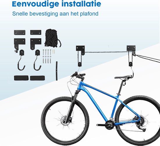 ProPlus Fietslift - XL - Ophangsysteem voor Fiets, Ladder en Dakkoffer - Met katrollen – Tot 57 kg - Plafondbevestiging – Haken met rubberen afwerking – Ook voor Kajaks en Ladders – Zwart