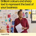 Vrouw lacht bij een bord vol ontwerpen. Tekst: Brilliant colours and sharp text for your business.