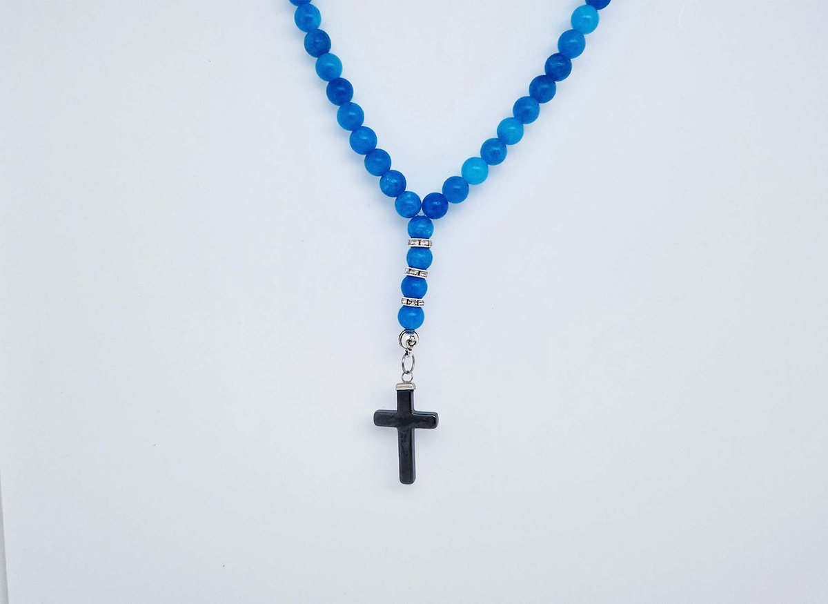 Handgemaakte Natuurstenen Autohanger " Blauwe Agaat"- Met metalen hanger "Kruis" - 8 mm diameter van de korrel- Mooie accessoire en decoratie voor de auto