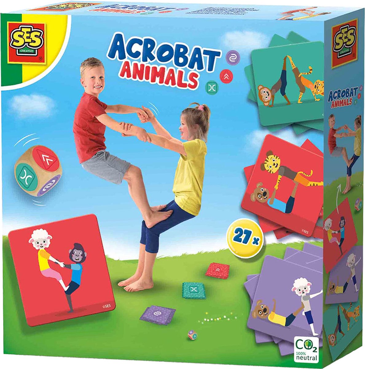 SES - Acrobaat dieren - doe de dieren op de 27 speelkaarten na - met dobbelsteen van hout - binnen of buiten spelen