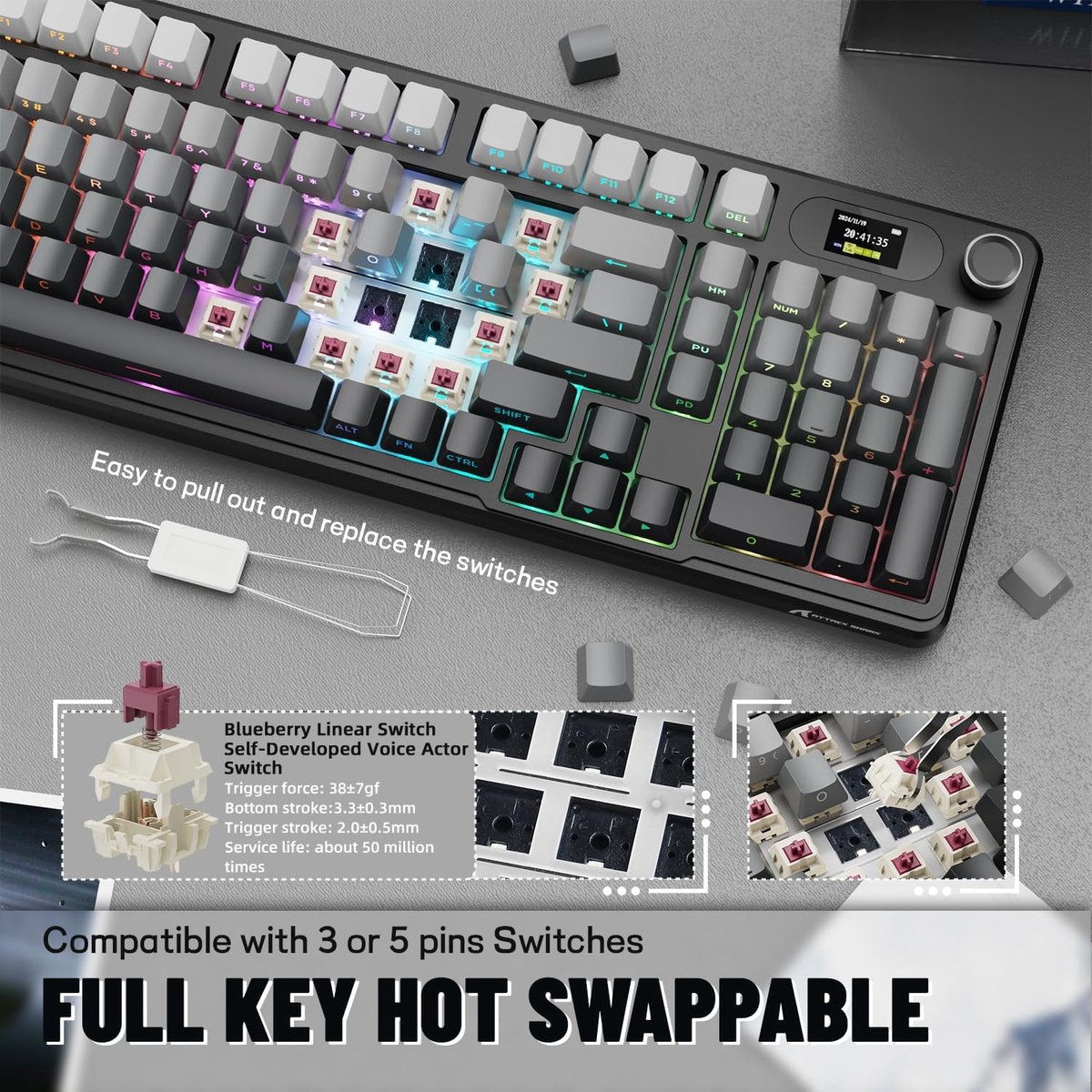 ATTACK SHARK X98PRO - Draadloze Mechanisch Gaming Toetsenbord - Side Printed PBT Keycaps - TFT Scherm - Multifunctionele Draaiknop - Wired/2.4G/Bluetooth Tri-Mode - Gasket Mod - 98keys - Moonlit Night thumbnail 8
