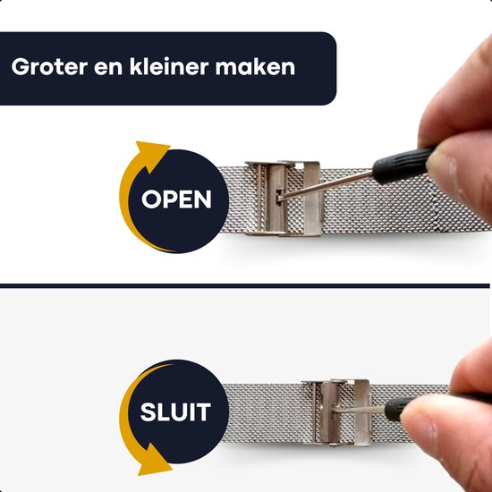Instructie: horlogeband verstellen met schroevendraaier. Open en sluit mechanisme.