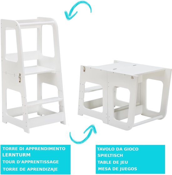 labebe Leertoren vanaf 1 jaar, groot formaat Montessori leertoren inklapbaar, 3-in-1 multifunctionele leertoren met tekening krijtbord-bruine beer