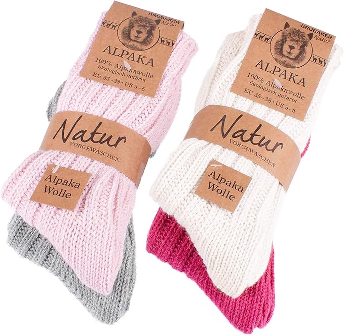 BRUBAKER 4 Paar Alpaca Sokken - Winter Sokken Set voor Dames en Heren - Roze Beige Grijs - Maat 35-38