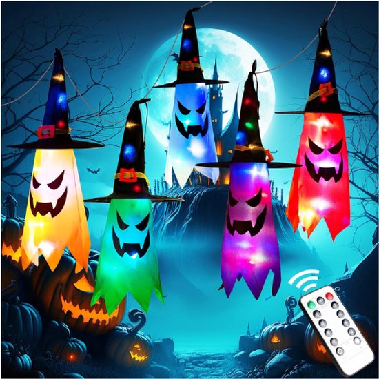 Foto: Halloween decoratie outdoor 5 stuks hangende geesten met lichtketting kleurrijke halloween feestdecoratie voor voortuin patio gazon tuin feestdecoratie