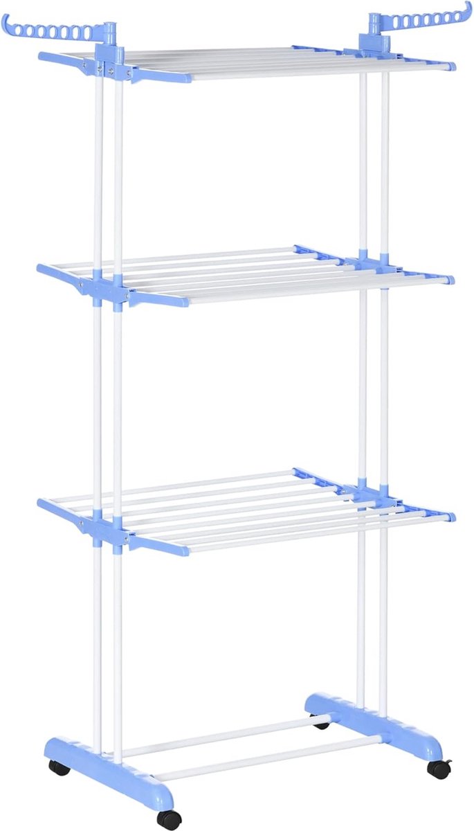 Goedkoopste Inklapbaar Droogrek op Wielen - Stalen Droger voor Binnen en Buiten - 3 Niveaus - Ruimtebesparend