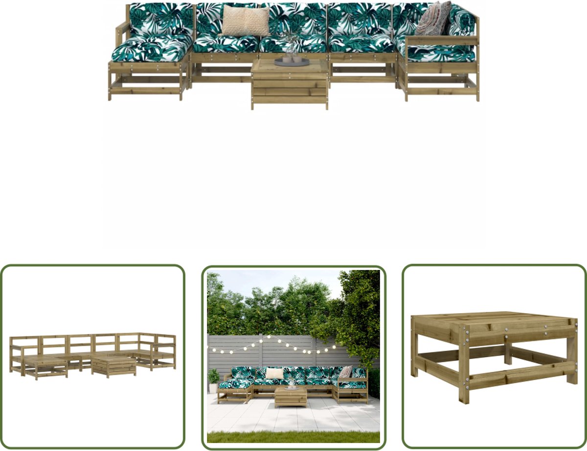 8-delige Loungeset van geïmpregneerd grenenhout - Tuinmeubels in natuurlijke tinten.