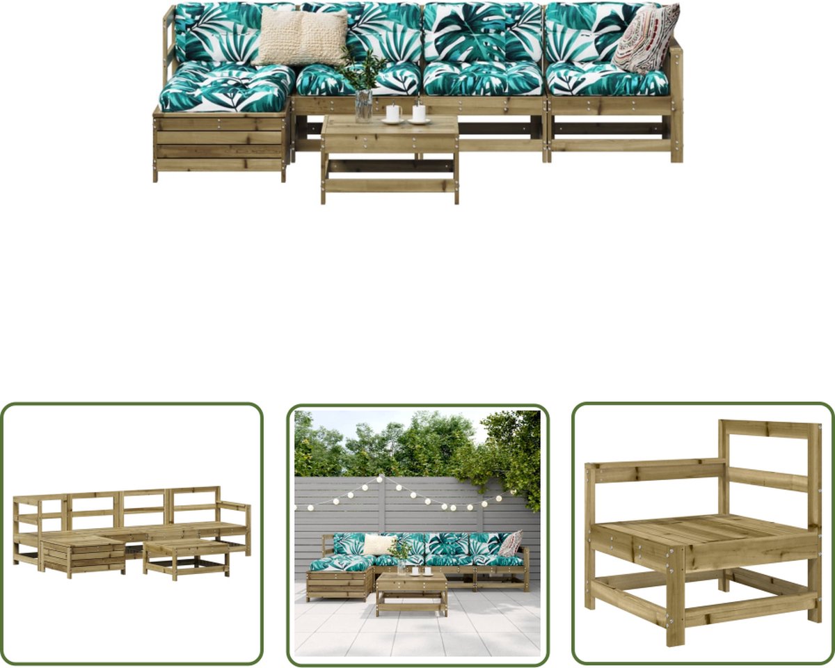The Living Store 6-delige Loungeset geïmpregneerd grenenhout - Loungebank - Tuinstoel - Lounge Set - Buitentijd - Teak