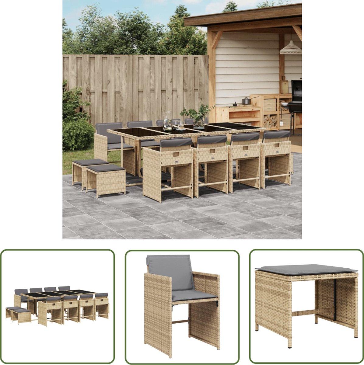 Tuinset met beige poly rattan kussens en gemengde materialen.