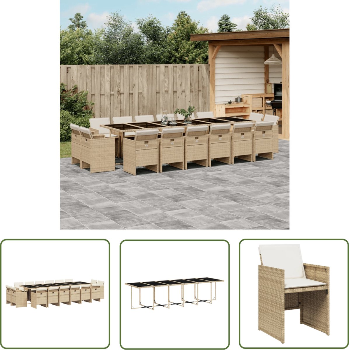 Poly rattan beige tuinset met kussens en 17-delige accessoires.