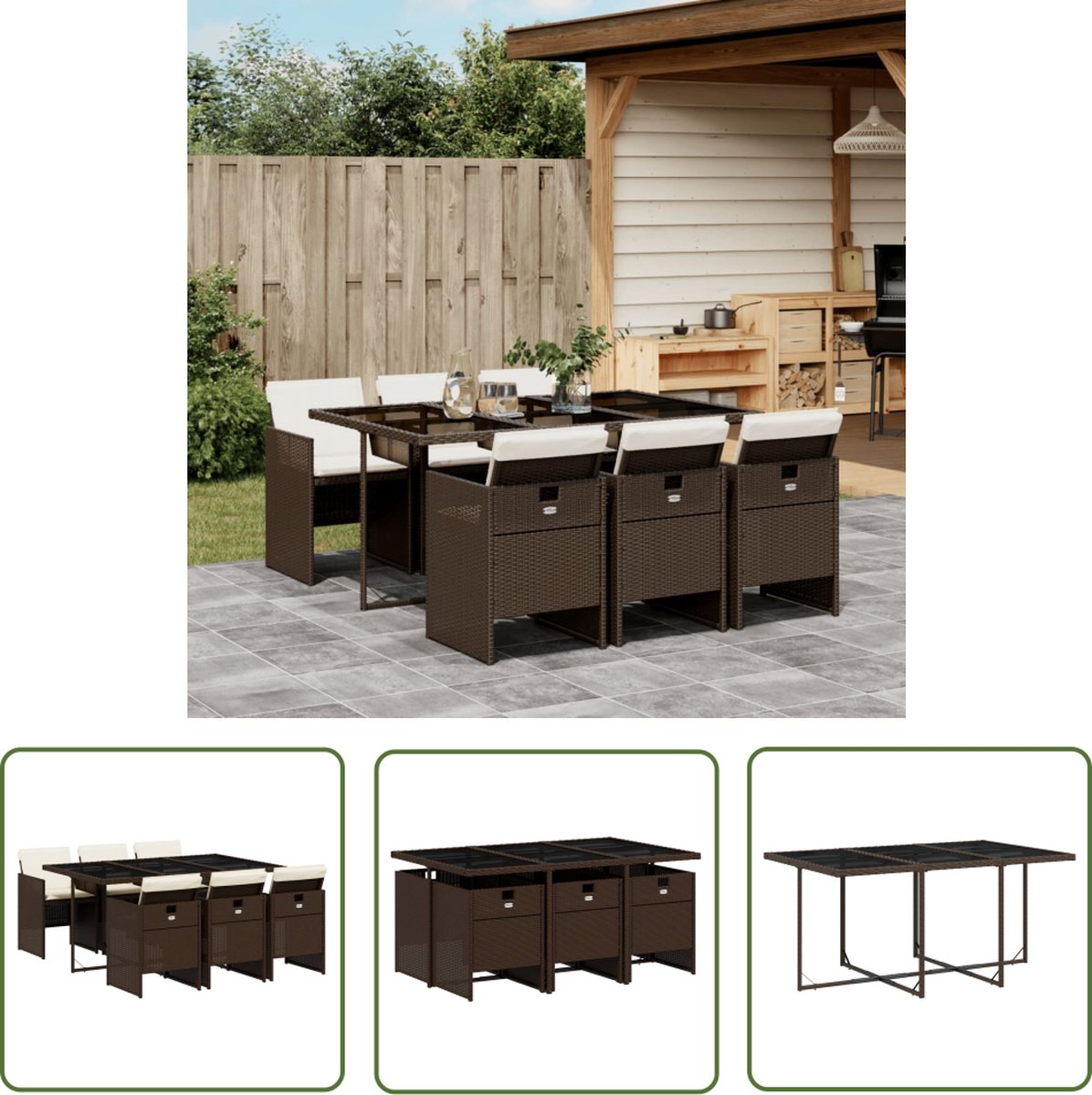 The Living Store 7-delige Tuinset met kussens poly rattan bruin - Tuinmeubels - Tuinset - Lounge Set - Buitendineren - Patio Furniture