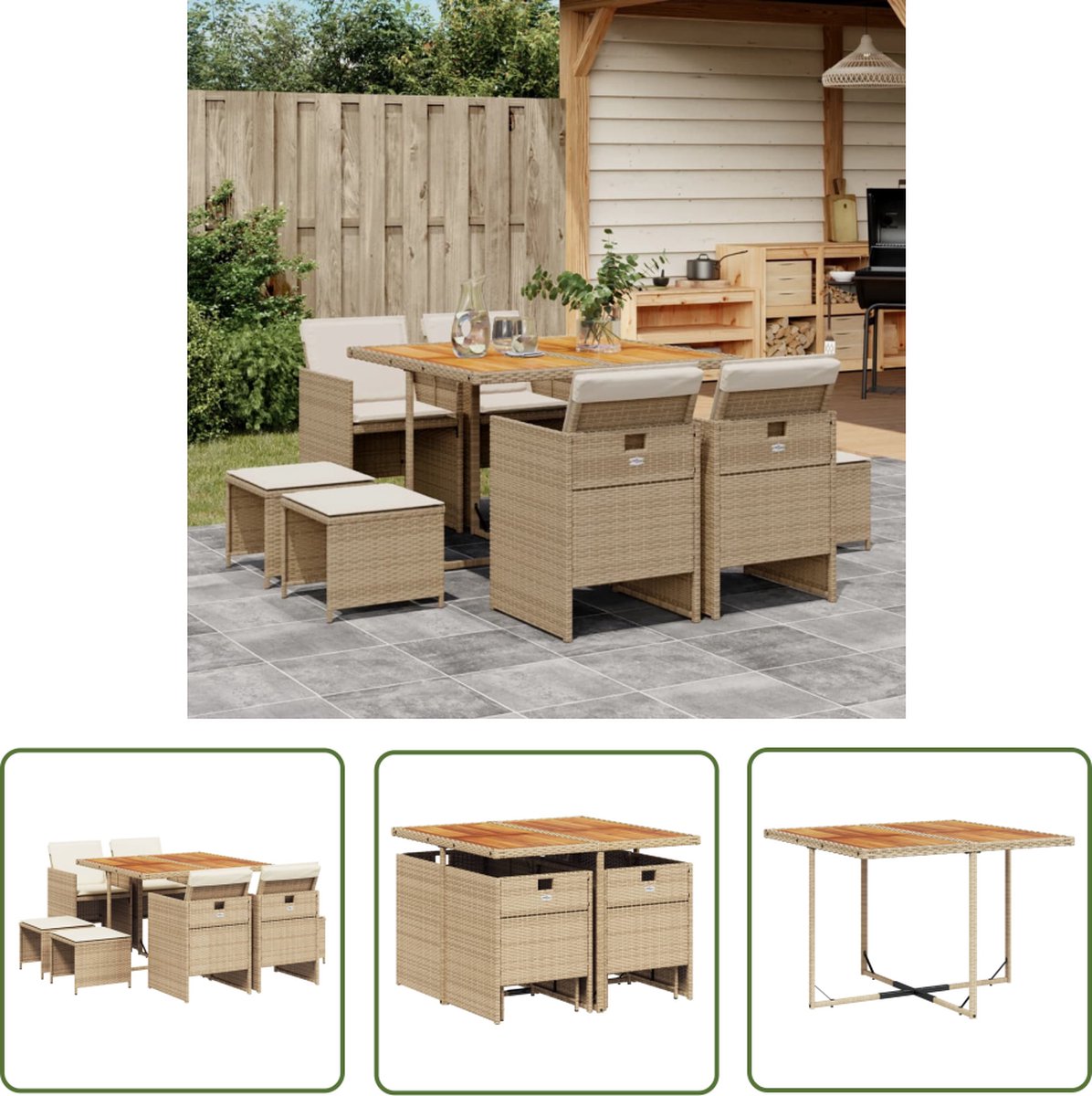 The Living Store 9-delige Tuinset met kussens poly rattan beige - Tuinmeubels - Buitentafels - Lounge Set - Eetkamerset - Patio Furniture