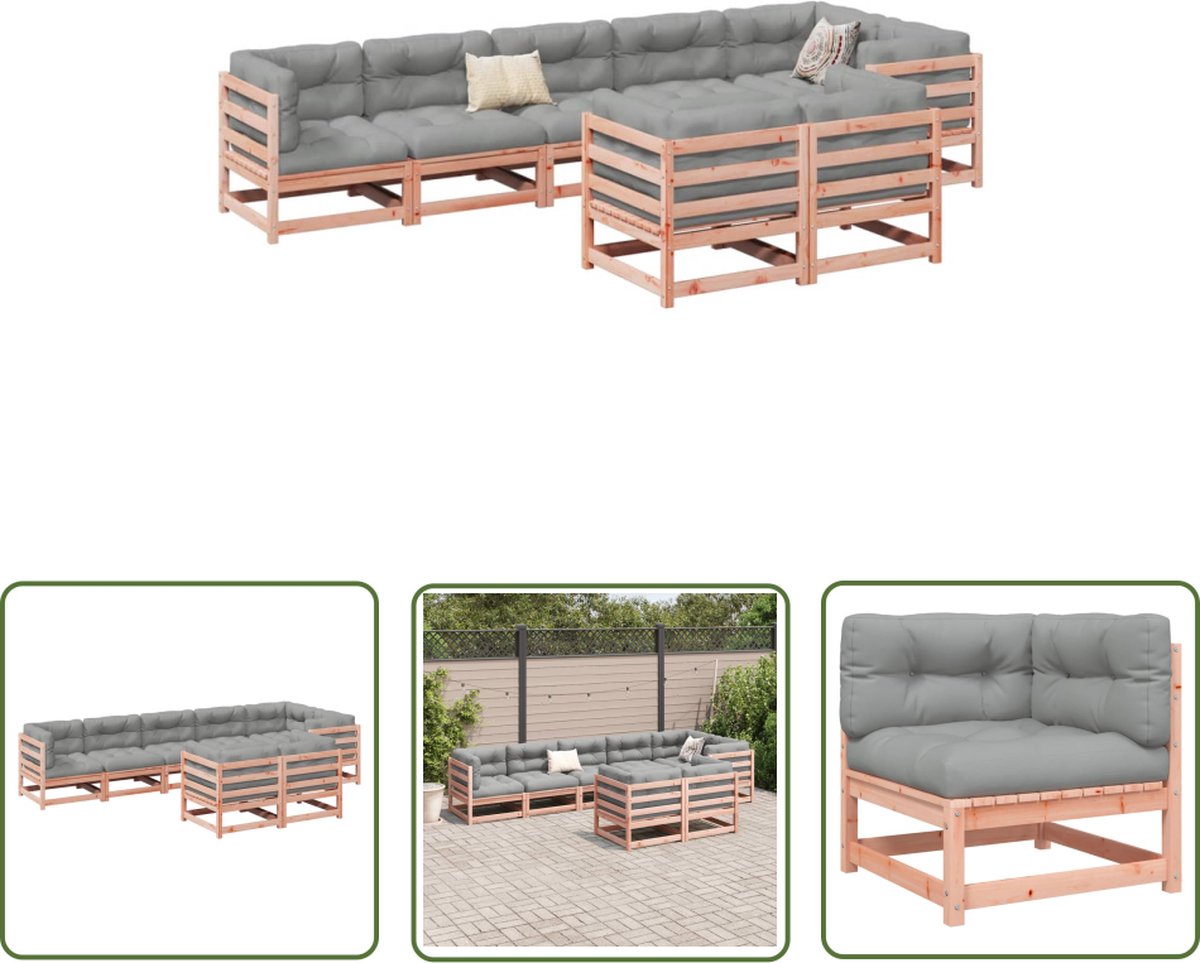 Loungeset van massief douglas vurenhout met kussens in tuinsetting.
