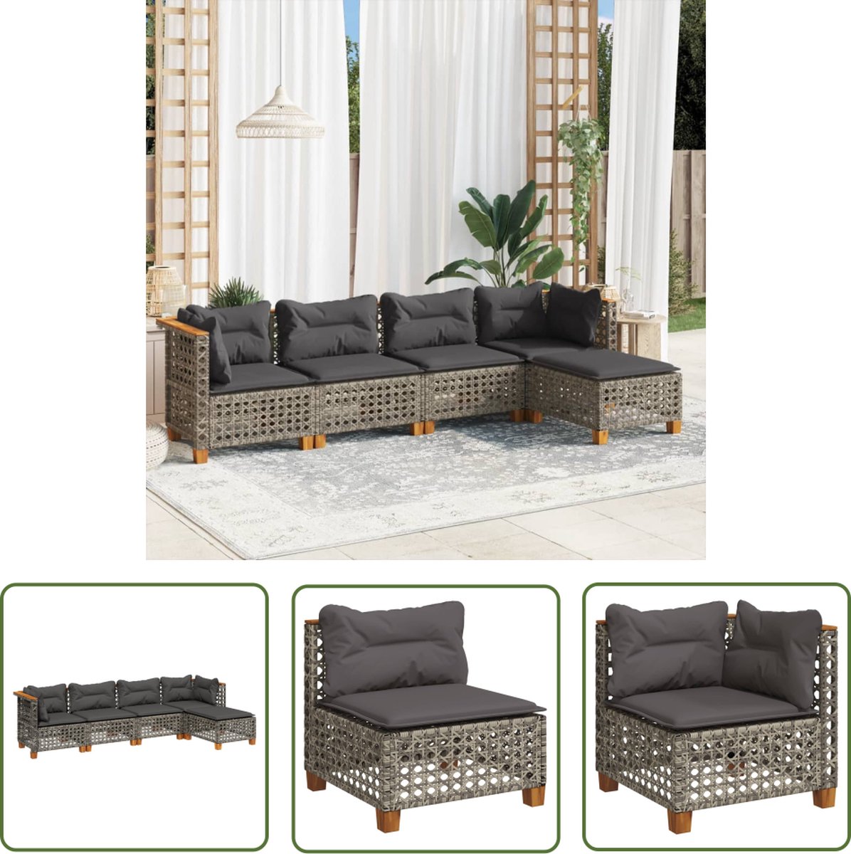 The Living Store 5-delige Loungeset met kussens poly rattan grijs - Loungeset - Tuinset - Lounge - Outdoor Furniture - Garden Furniture