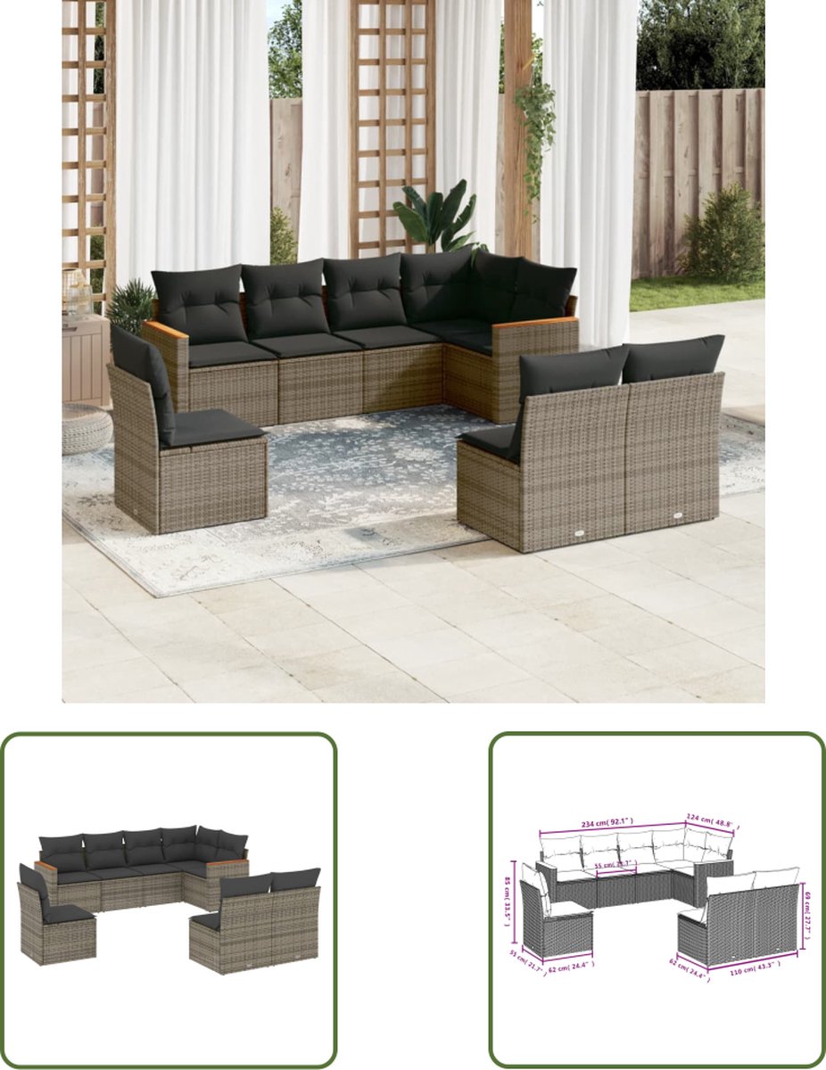 The Living Store 8-delige Loungeset met kussens poly rattan grijs - Loungebank - Tuinset - Lounge Set - Buitendecoratie - Tuinmeubels