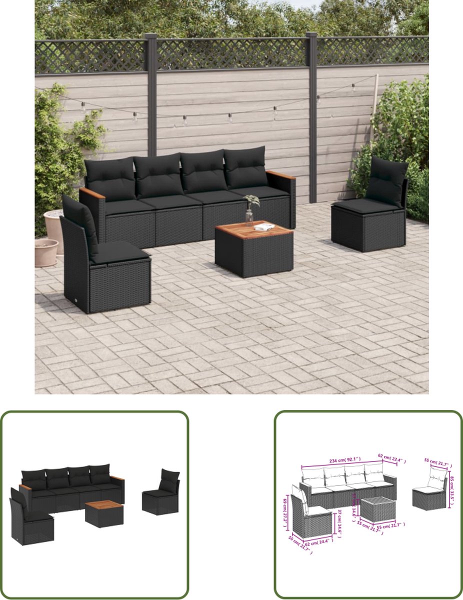 The Living Store 7-delige Loungeset met kussens poly rattan zwart - Loungeset - Lounge Set - Tuinlounge - Buitendining - Outdoor Furniture