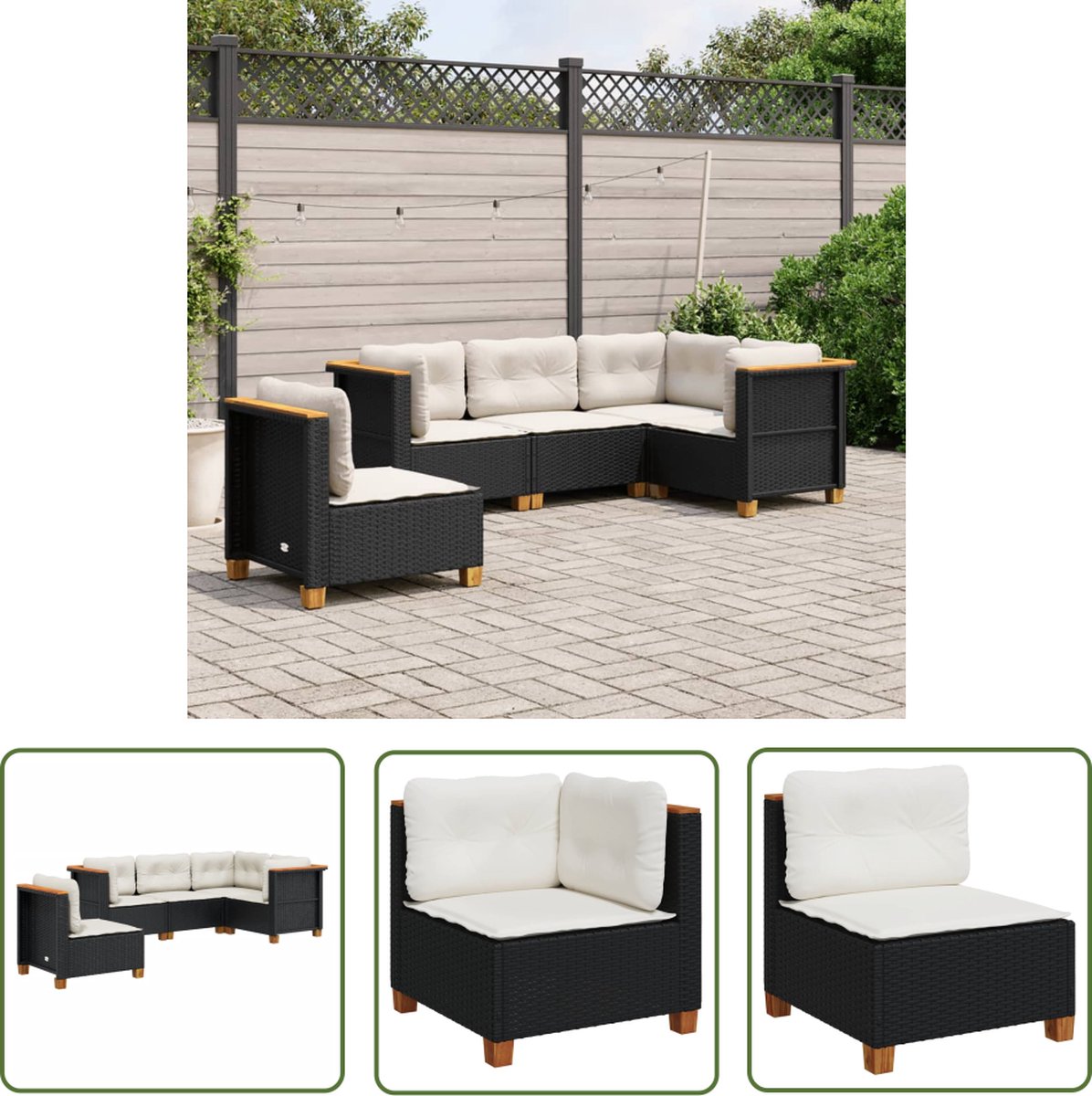 Zwarte poly rattan loungeset met kussens voor buiten - The Living Store.