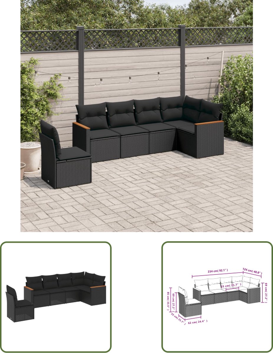 Zwart poly rattan loungeset met kussens voor buiten - The Living Store.