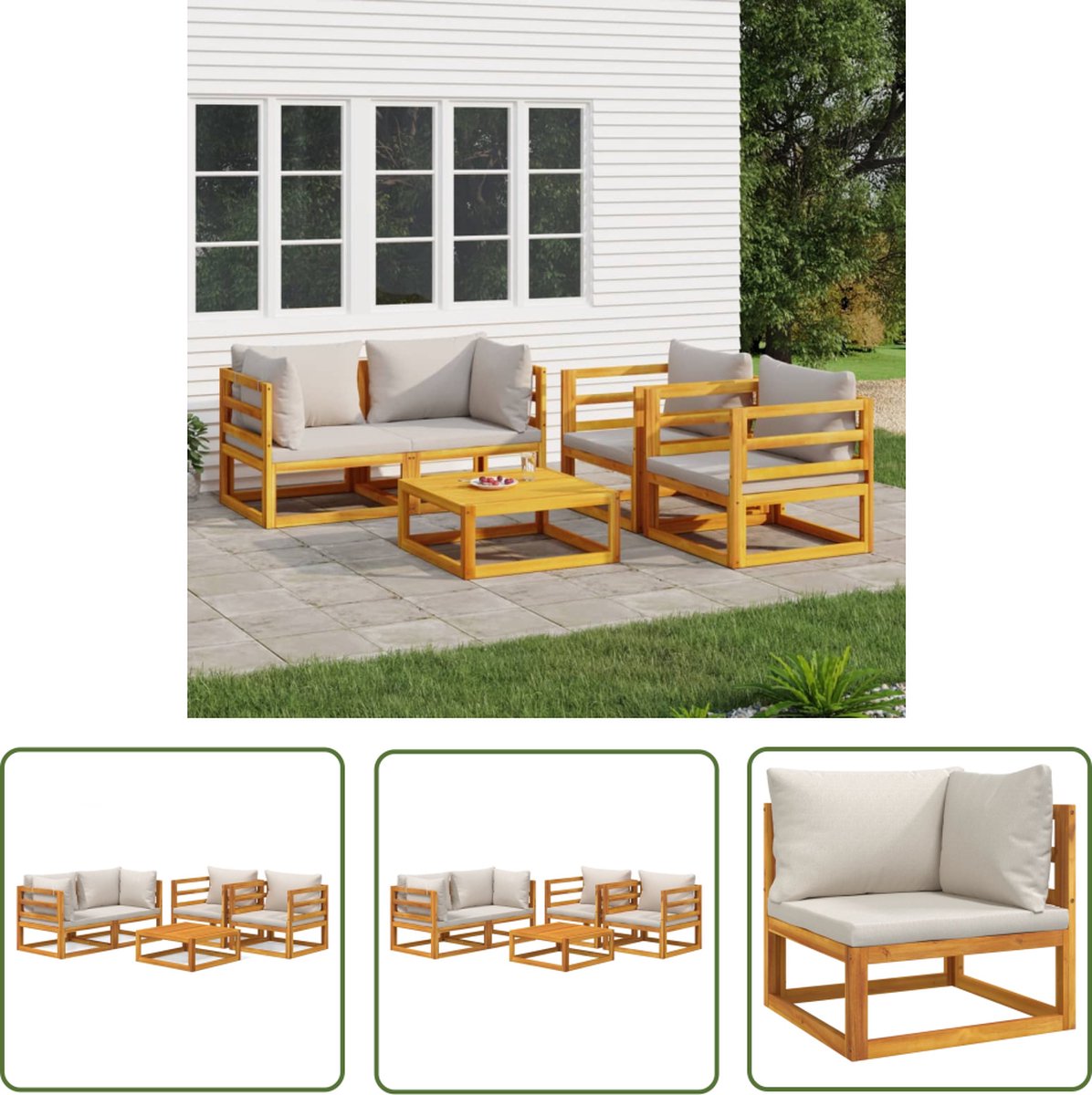 The Living Store 5-delige Loungeset met lichtgrijze kussens massief hout - Tuinsets - Lounge Set - Acacia Hout - Buitendecoratie - Tuinbank