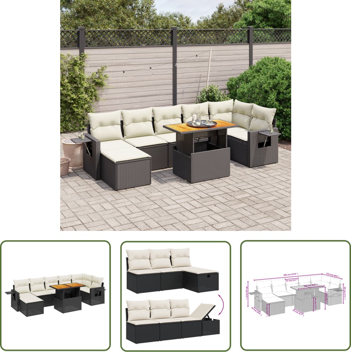 The Living Store 8-delige Loungeset met kussens poly rattan zwart - Loungebank - Lounge Set - Buitendecoratie - Tuinmeubels - Ratan Meubel