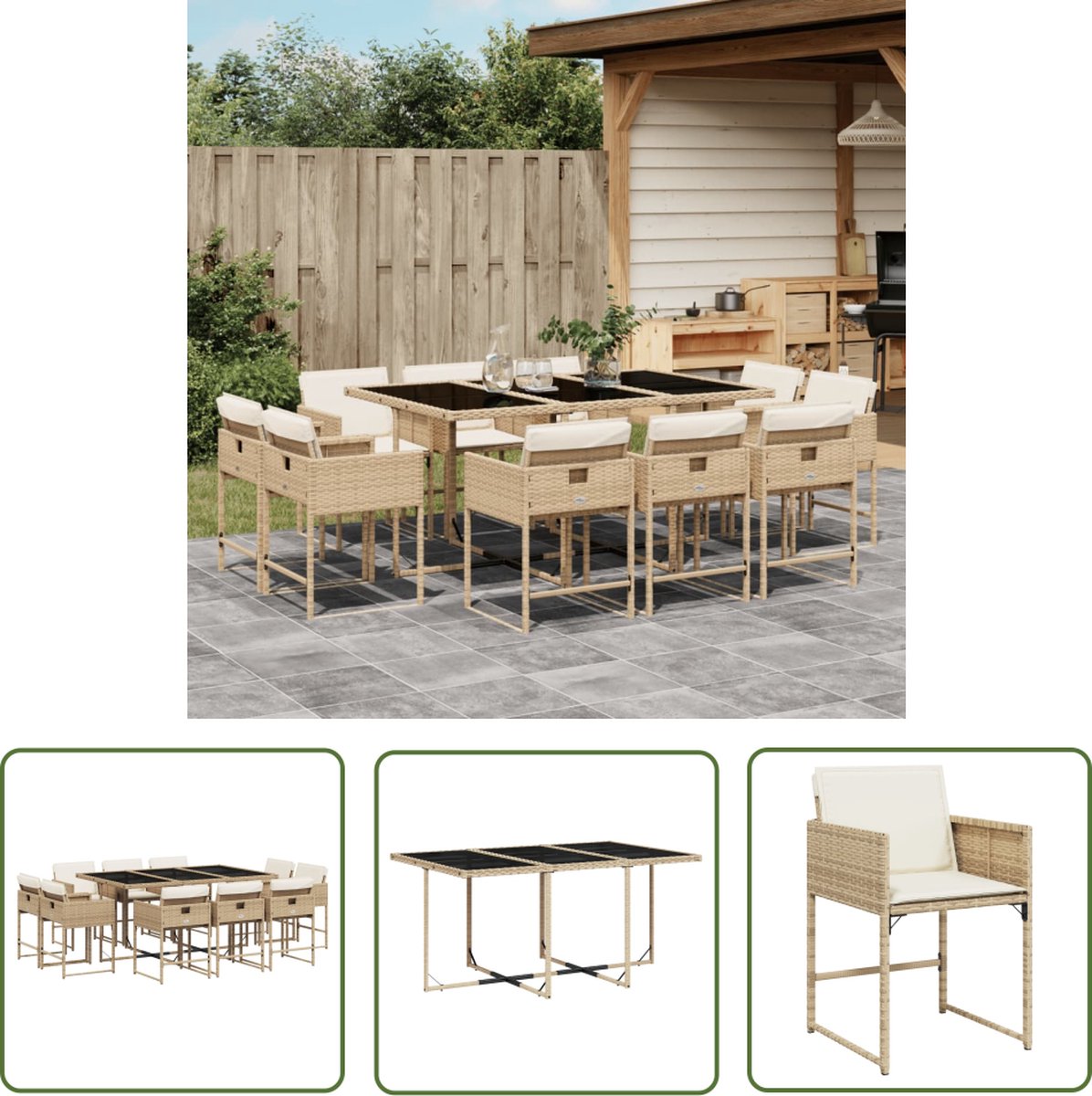 The Living Store 11-delige Tuinset met kussens poly rattan beige - Tuinset - Buitendecoratie - Lounge Set - Eetkamerset - Ratan Meubel