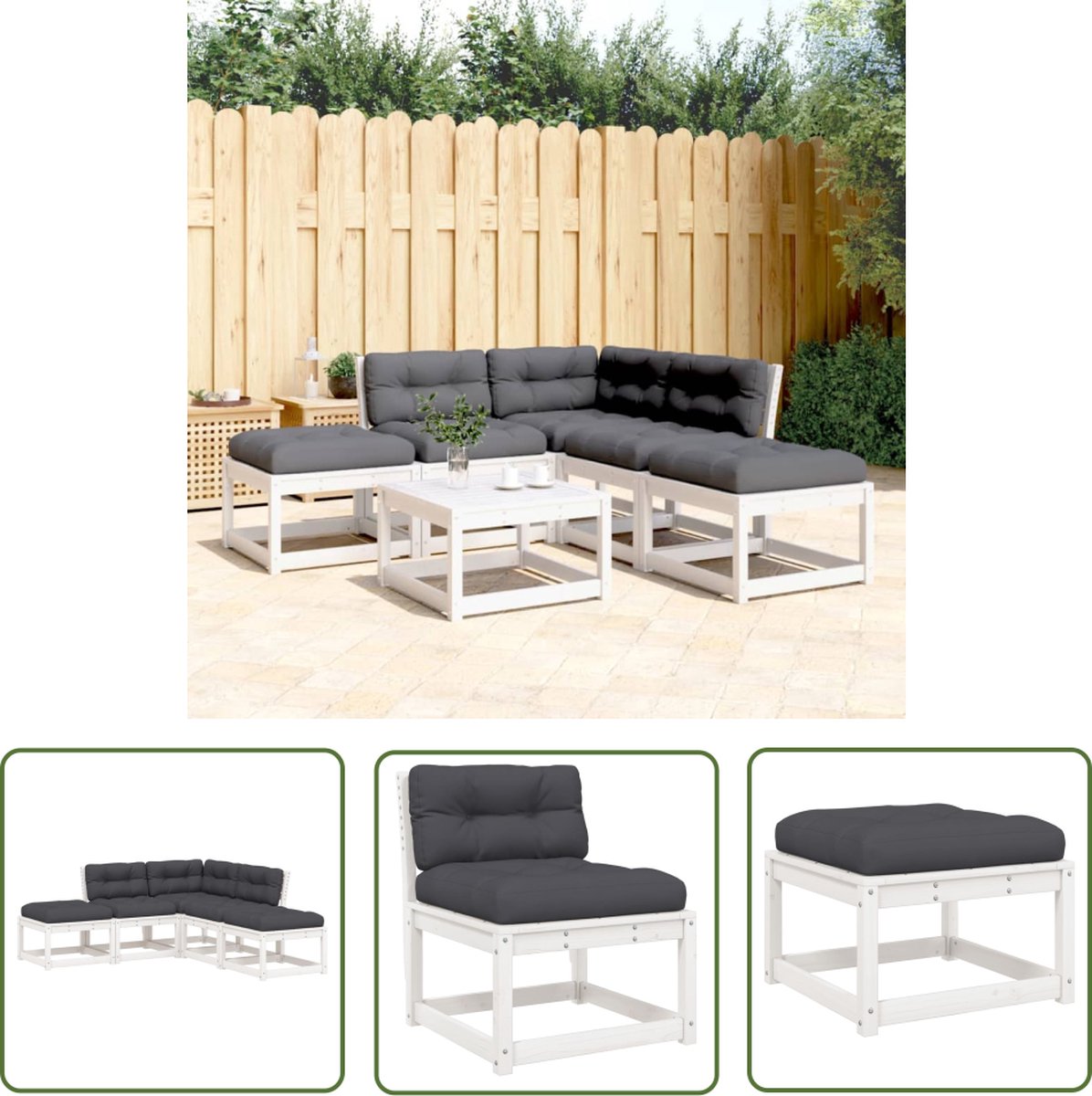 The Living Store 5-delige Loungeset met kussens massief grenenhout wit - Tuinstoel - Lounge Set - Tuinset - Houten Tuinbank - Buitendecoratie