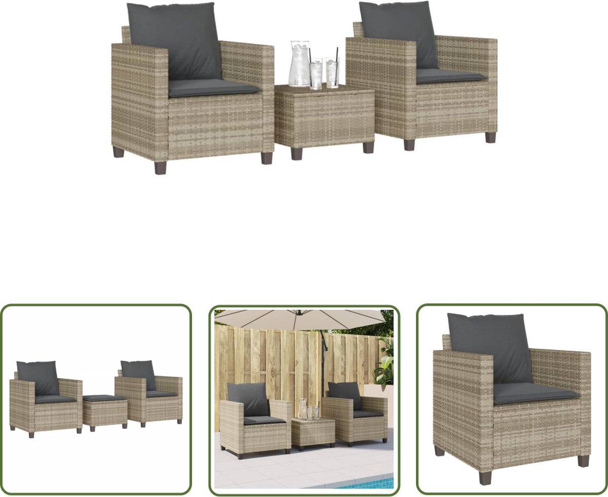 The Living Store 3-delige Bistroset met kussens poly rattan lichtgrijs - Bistroset - Tuinmeubels - Lounge Set - PE-rattan - Outdoor Furniture