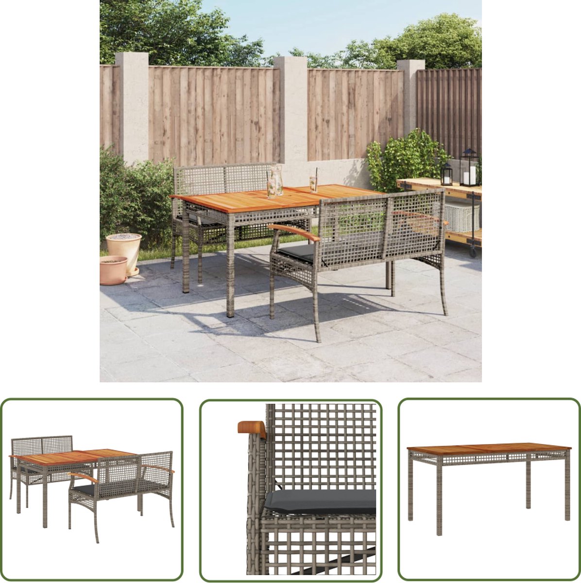 The Living Store 3-delige Tuinset met kussens poly rattan grijs - Tuinset - PE-rattan - Buitentijd - Lounge Set - Eetkamerset