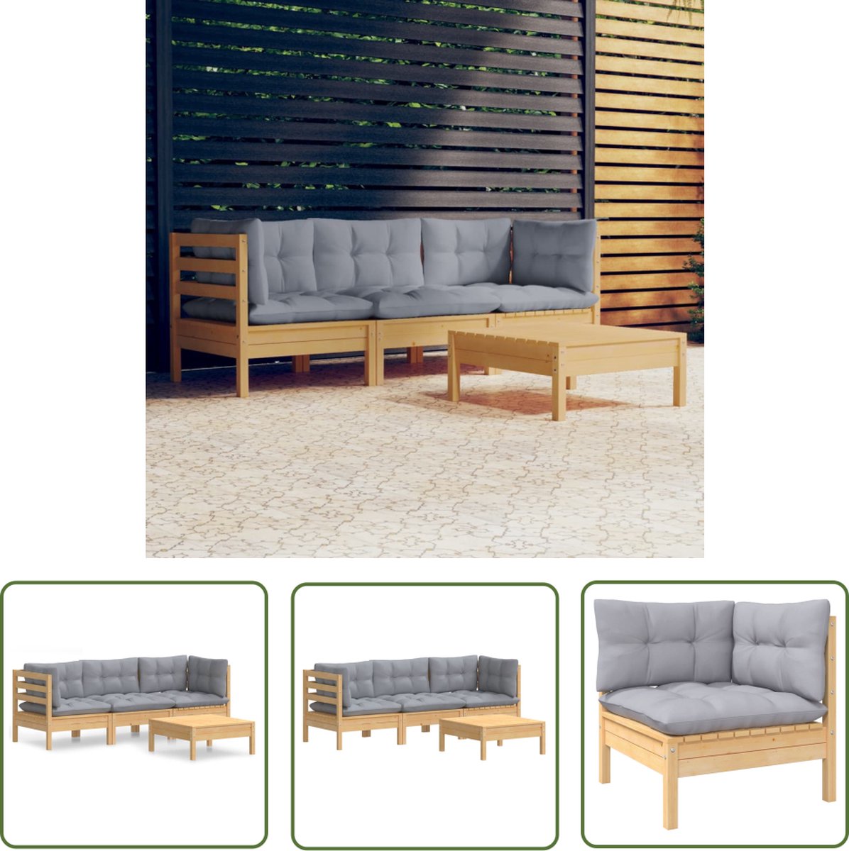 The Living Store 4-delige Loungeset met grijze kussens grenenhout - Loungeset - Tuinlounge - Lounge Bank - Buis Meubel - Houten Loungestoel