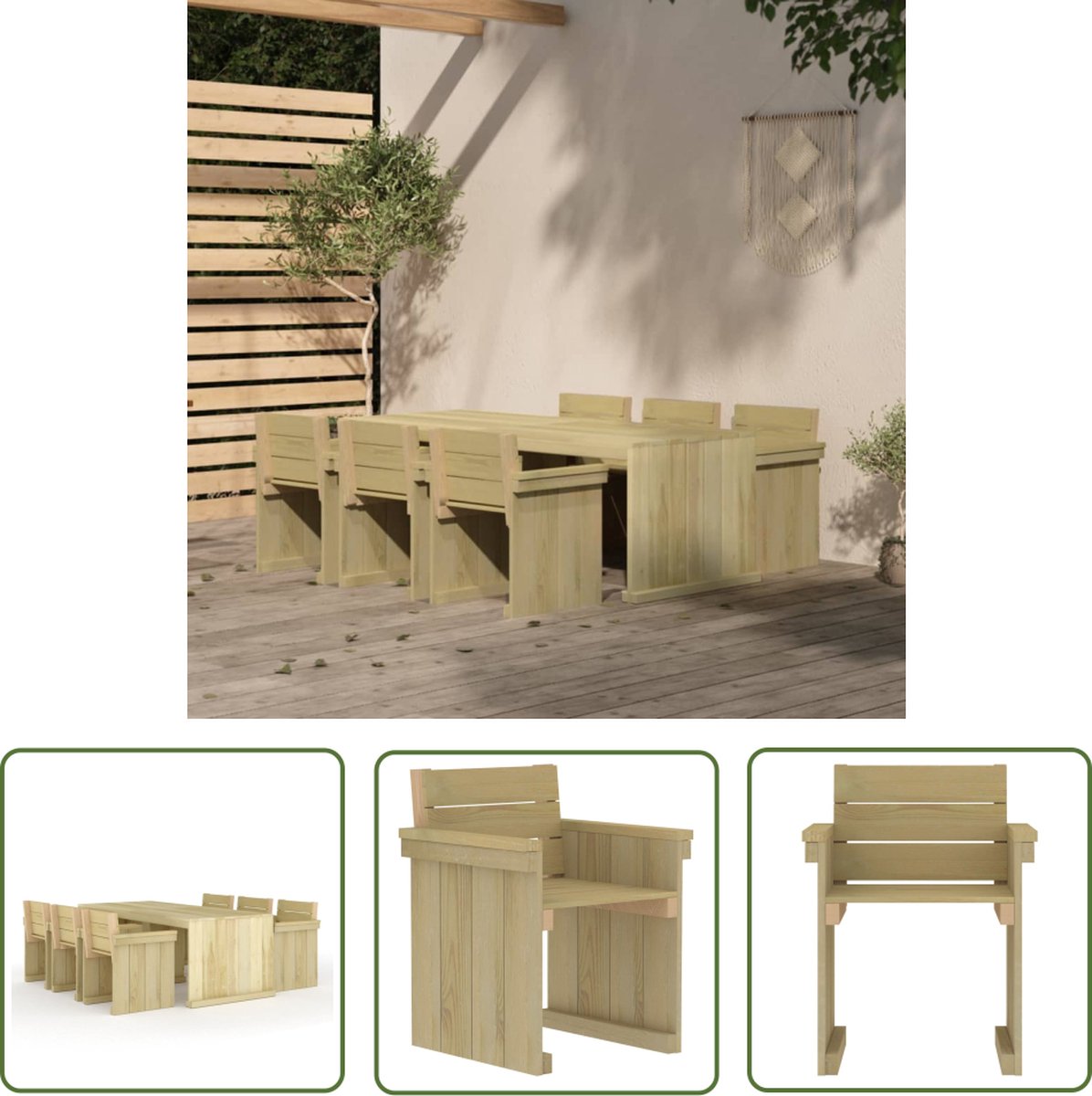 Tuinset van geïmpregneerd grenenhout met teakmeubel en eetkamertafel.