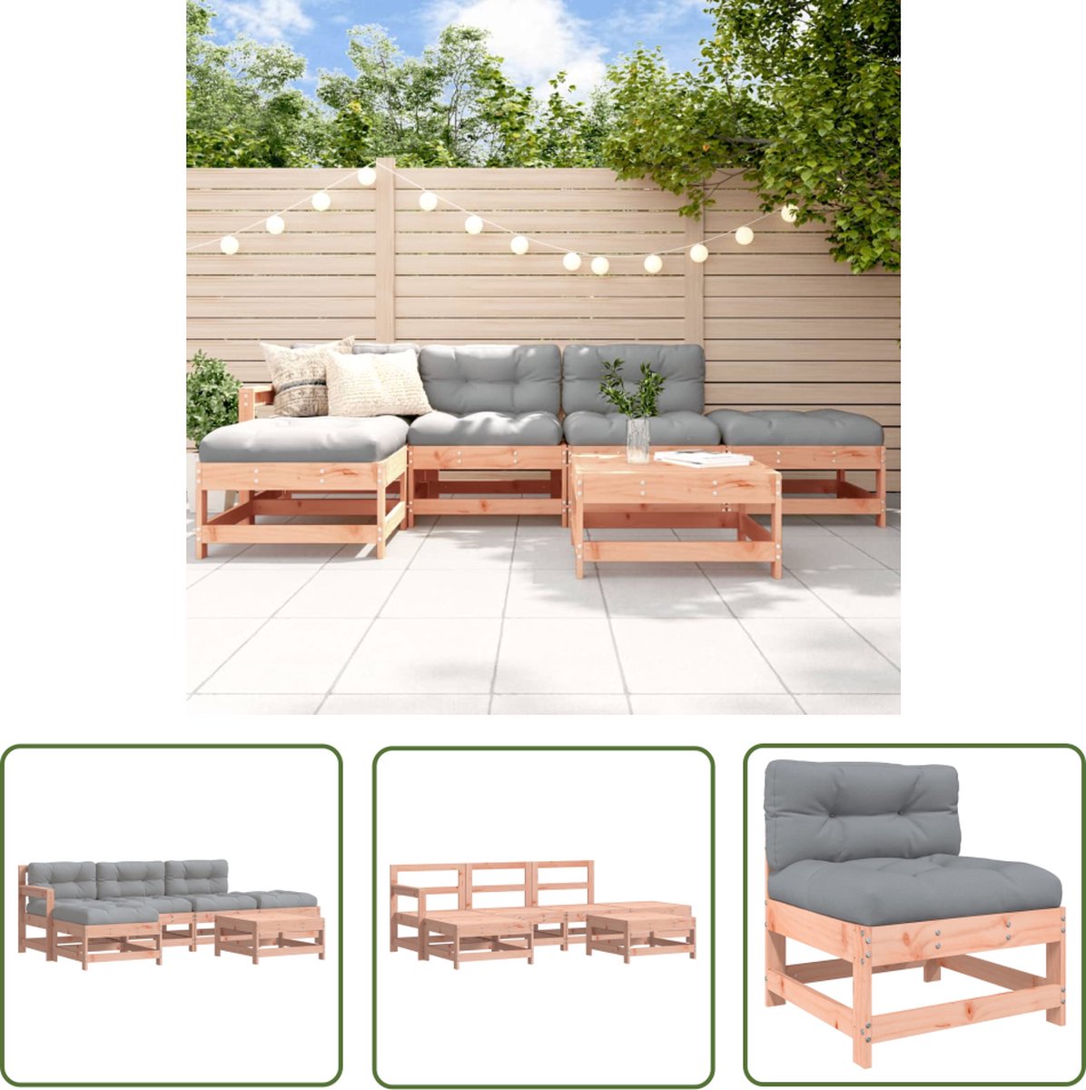 Massief douglashouten loungeset met kussens en teak tafel - Tuinmeubels.