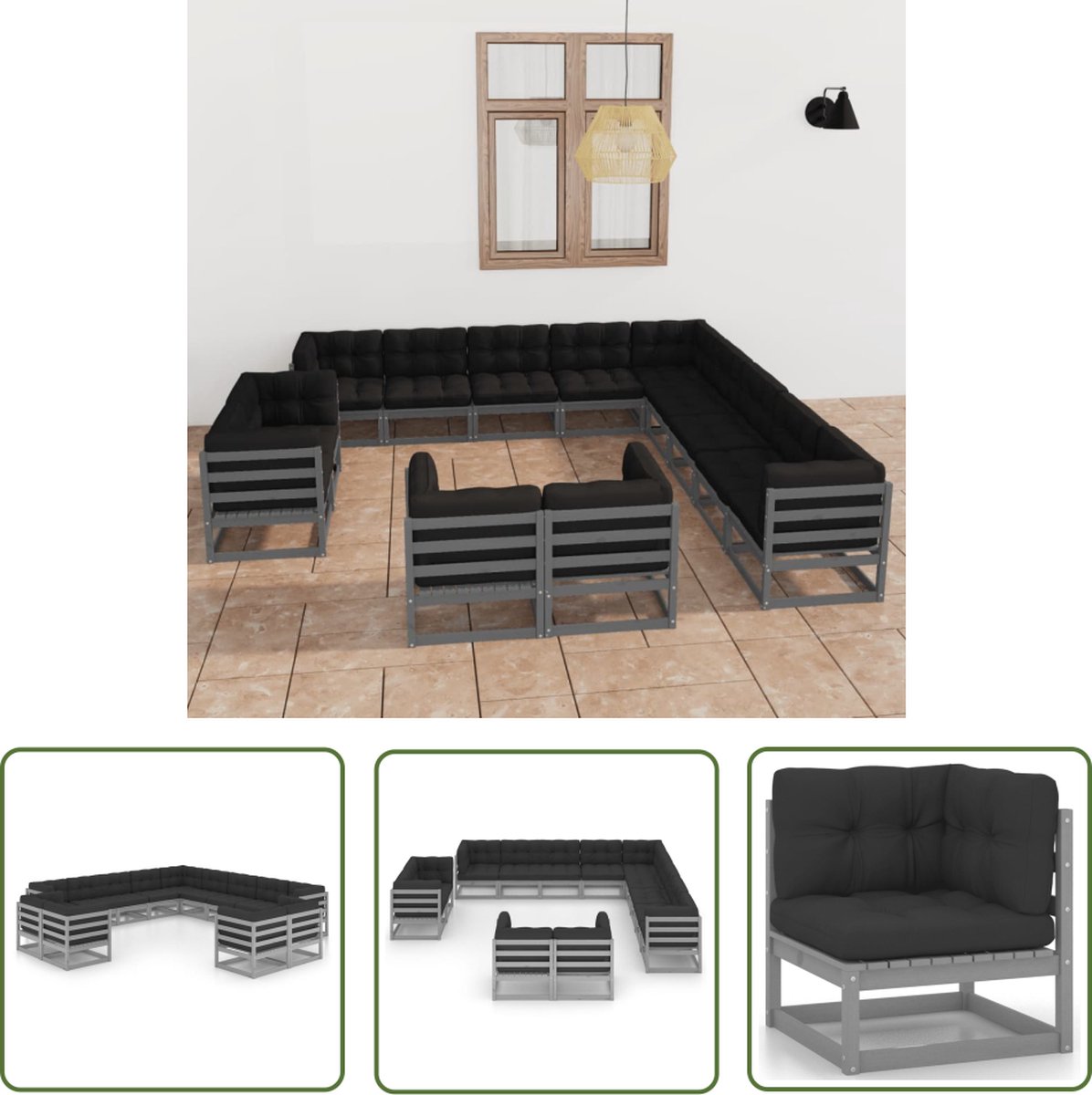 Twaalf-delige loungeset in massief grenenhout grijs met kussens.