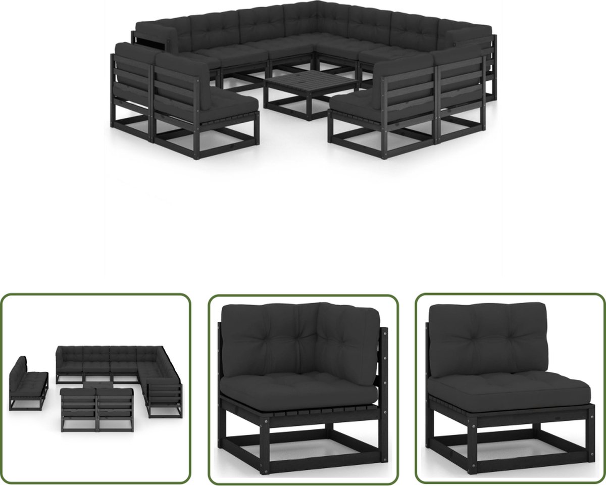 The Living Store 12-delige Loungeset met kussens massief grenenhout zwart - Tuin Lounge Set - Houten Loungebank - Tuinset Grenenhout - Outdoor Furniture - Buitendecor