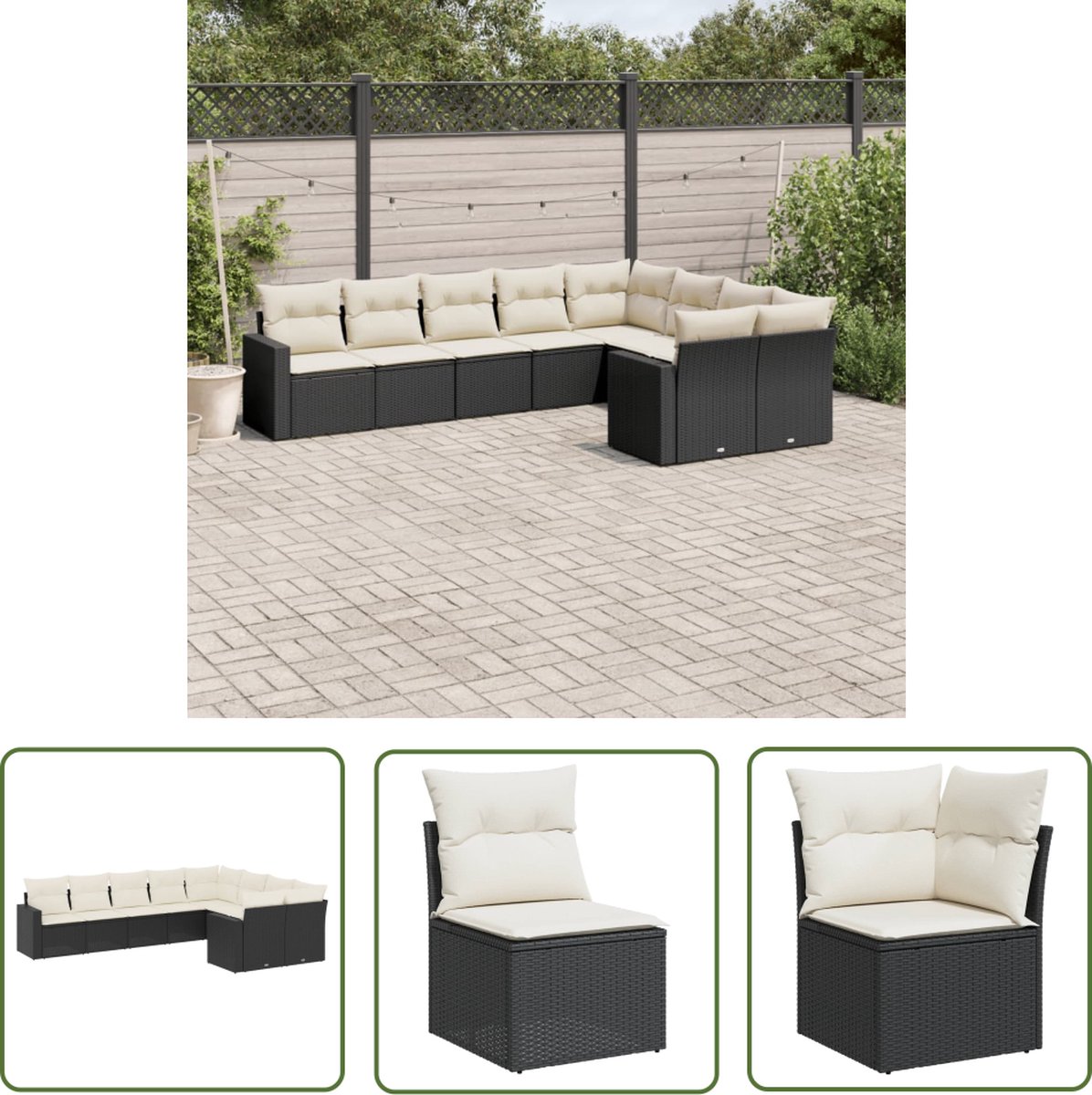 The Living Store 9-delige Loungeset met kussens poly rattan zwart - Loungebank - Lounge Set - Tuinset - Buitendecoratie - PE Rattan