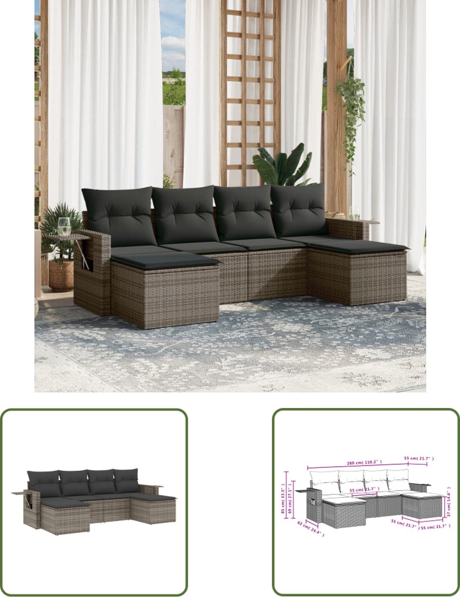 The Living Store 6-delige Loungeset met kussens poly rattan grijs - Loungeset - Tuinset - Lounge Set - PE Rattan - Outdoor Furniture