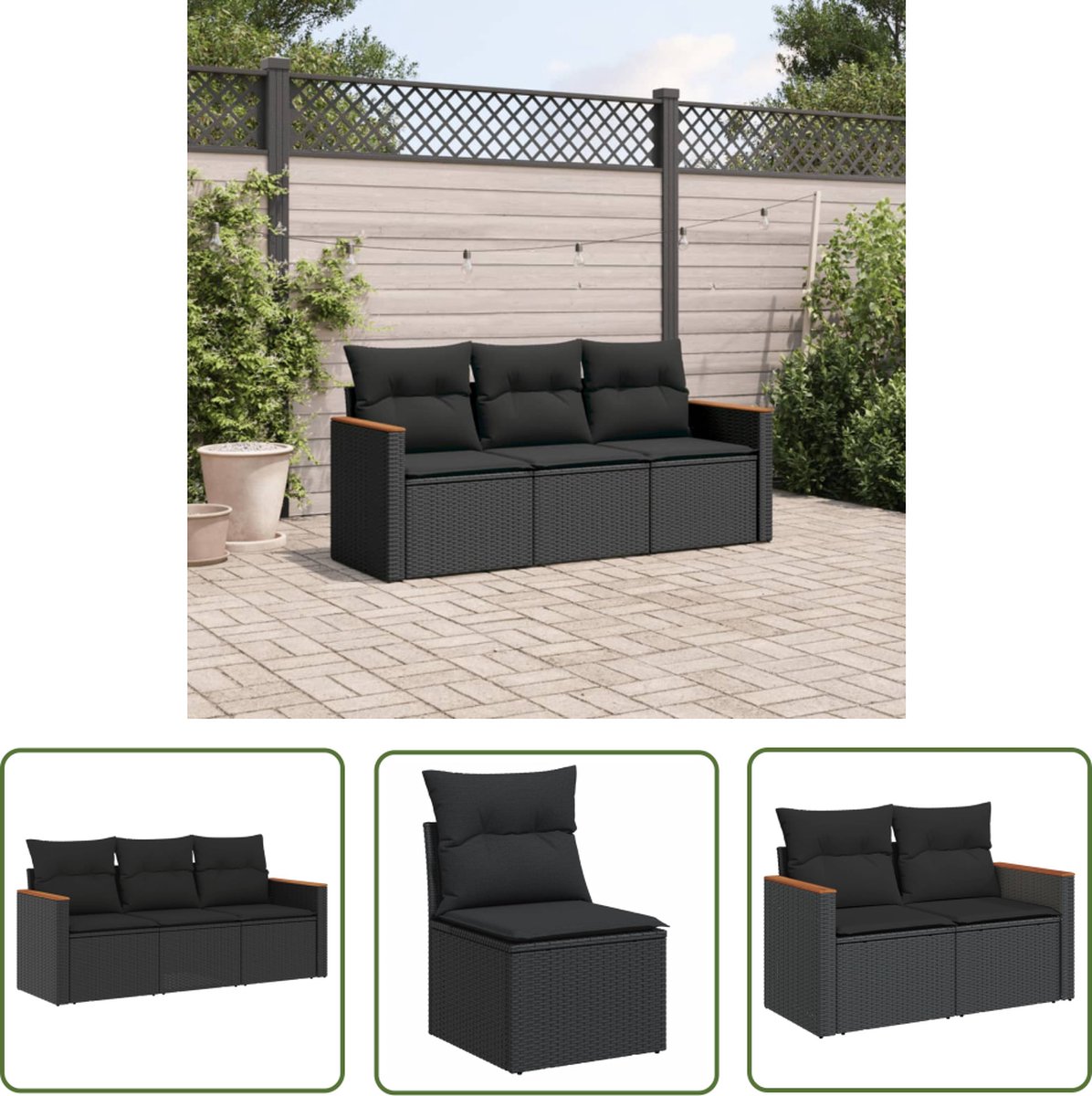 The Living Store 3-delige Loungeset met kussens poly rattan zwart - Loungeset - Tuinset - Tuinmeubels - Lounge Set - Zwarte Loungebank