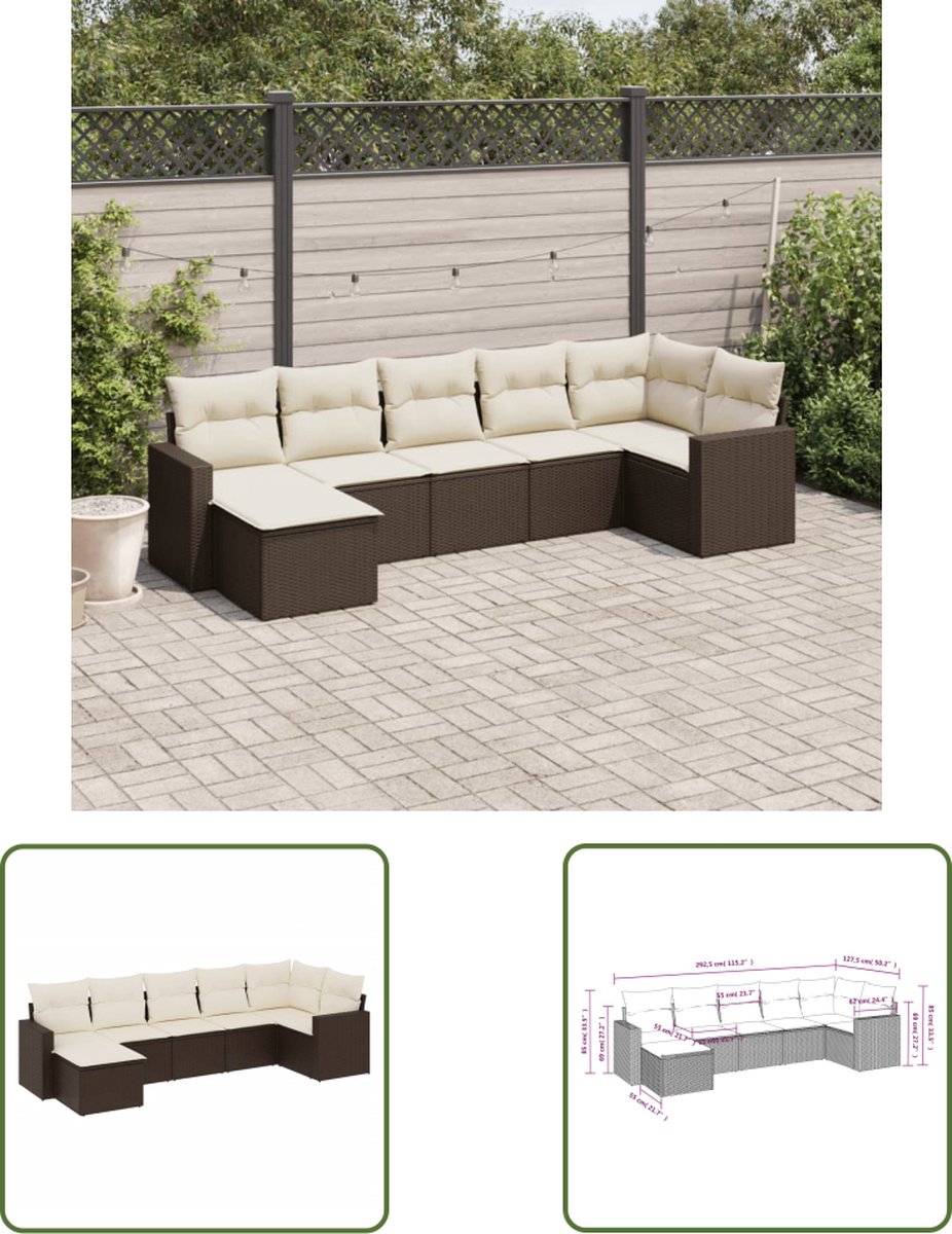 Poly rattan bruine loungeset met kussens voor tuin en terras.